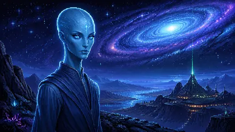 Original Otherworlders pixel-art portrait of a blue-skinned luminous Andromedan being from modern contact lore