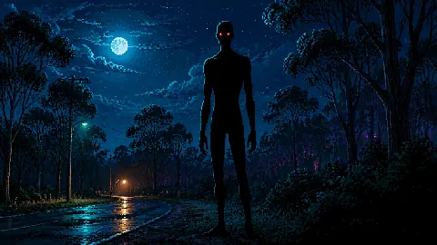 Original Otherworlders pixel-art illustration of the tall dark red-eyed entity described by Kelly Cahill