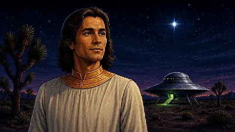Original Otherworlders pixel-art portrait of the benevolent humanlike Venusian archetype from 1950s contactee lore