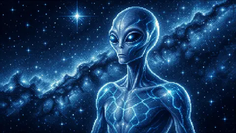 Pixel art Arcturian alien against a blue star field