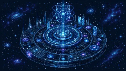 Pixel art Arcturian quantum technology platform emitting an energy beam