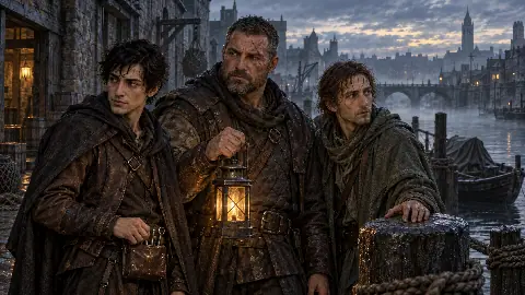 Leaf, Bralen and Aldric together on the quayside at Leth Quay before dawn