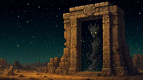 Pixel art Jinn figure emerging from a smokeless threshold in an arid night landscape