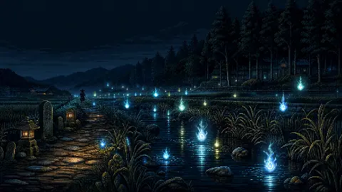 Pixel art blue and green onibi ghost fires hovering above Japanese rice fields and a stream at night
