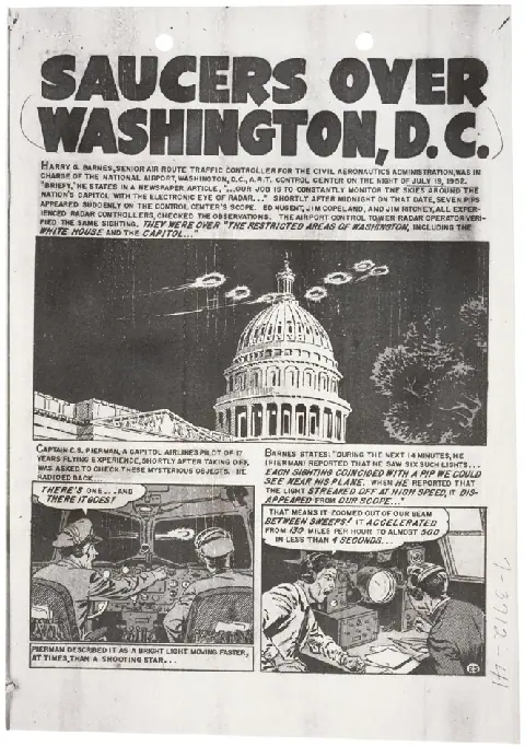 1952 Saucers Over Washington comic showing radar operators, a pilot and lights above the U.S. Capitol