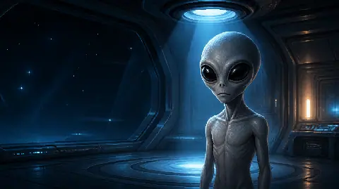 Grey alien standing in a blue-lit observation room