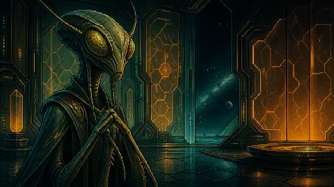 Insectoid alien in a starship observation chamber