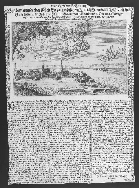 Public-domain 1665 illustrated broadsheet depicting the reported aerial battle over Stralsund