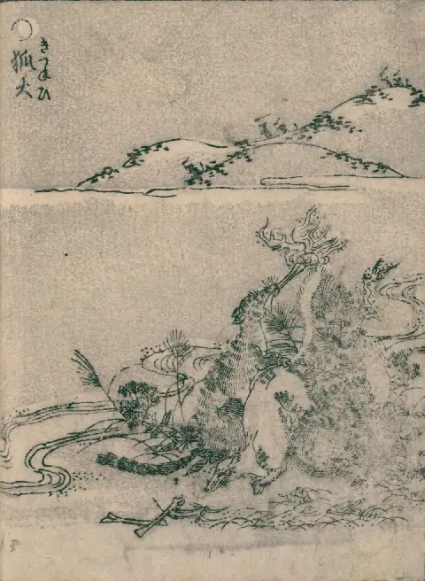 Toriyama Sekien's 1776 woodblock illustration of foxes creating kitsunebi fire beside a river