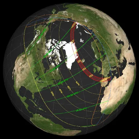 NASA map showing the August 12, 2026 eclipse path across Russia, Greenland, Iceland, Spain and Portugal