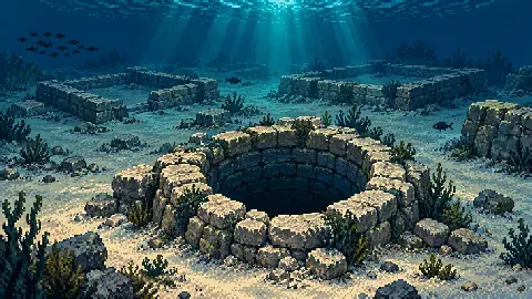 Pixel-art illustration of a stone-lined well and low settlement remains at Atlit-Yam