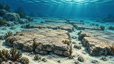 Pixel-art illustration of Bimini Road's broad, fractured beachrock slabs on the seabed