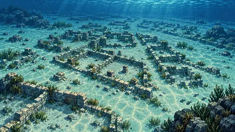 Pixel-art illustration of low submerged wall foundations and lanes at Pavlopetri