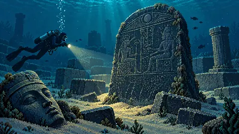 Pixel-art illustration of inscribed stone and submerged masonry at Thonis-Heracleion
