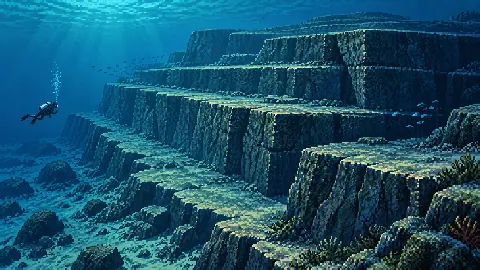 Pixel-art illustration of Yonaguni's stepped bedrock terraces with a small diver for scale