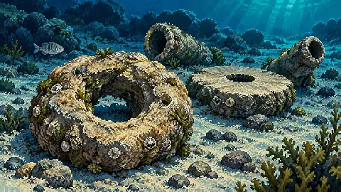 Pixel-art illustration of ring, disc and pipe-shaped mineral concretions near Zakynthos