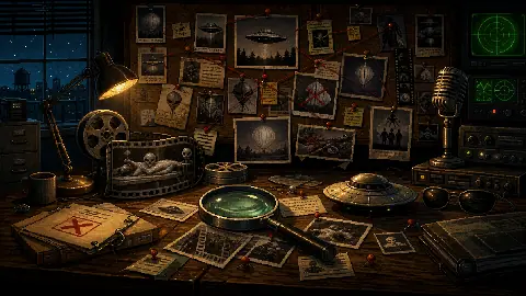 Pixel art UFO hoax investigation board with fake evidence, film reels, props, and debunked case files