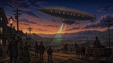 Pixel art 1896 California town watching a mysterious airship drift over telegraph poles and a dusk valley