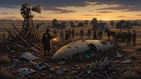 Pixel art Aurora Texas crash site with townspeople, sheriff, windmill wreckage, and metallic airship debris
