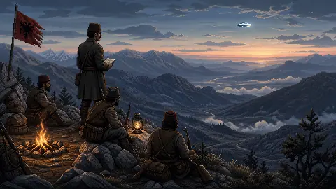 Pixel art Mihal Grameno and Albanian fighters watching a distant shiny object hover over Balkan mountains