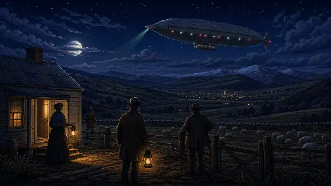 Pixel art Otago farmhouse witnesses watching a mysterious 1909 airship with rotating lights over New Zealand hills