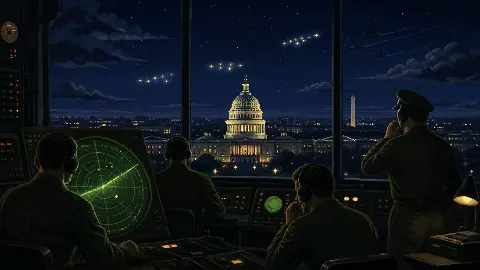 Pixel art 1952 Washington D.C. radar room tracking mysterious lights over the Capitol at night