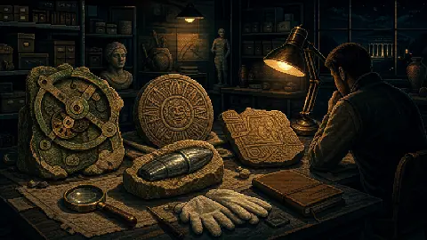 Pixel art archaeology archive table covered with mysterious out-of-place artifacts and research tools