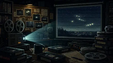 Pixel art UFO documentary archive room with film reels, evidence photos, and projected aerial lights