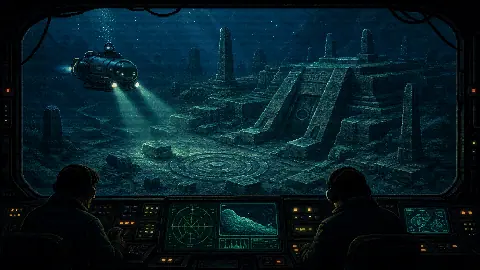 Pixel art research submersible scanning mysterious geometric underwater ruins on the ocean floor