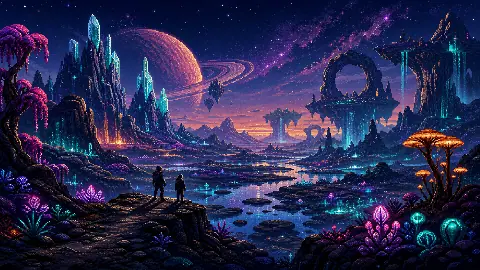 Pixel art imagined alien landscape with crystal towers, glowing marshes, floating arches, and a ringed planet