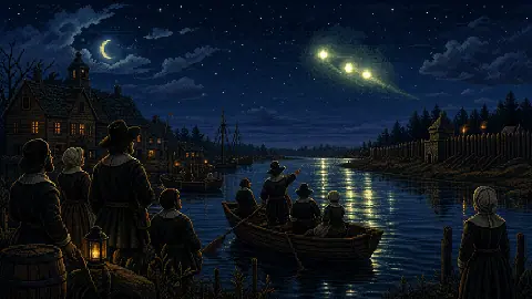 Pixel art colonial Massachusetts witnesses watching mysterious lights over a moonlit river in 1639