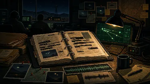 Pixel art secure research office with redacted BAASS-style case report binder and UAP evidence monitors