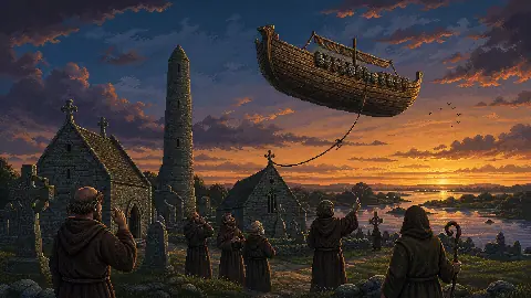 Pixel art medieval Clonmacnoise monks watching a wooden air ship anchor above the monastery