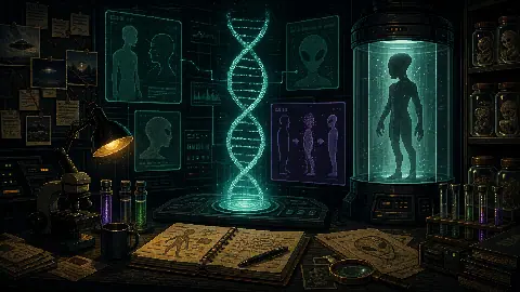 Pixel art speculative lab with glowing DNA helix, alien profile panels, and hybridization case notes