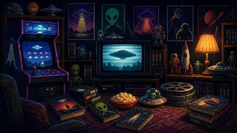 Pixel art retro media room filled with alien films, games, books, toys, and UFO pop culture objects