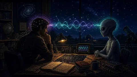 Pixel art observatory scene showing a human researcher and alien exchanging glowing telepathic wave patterns