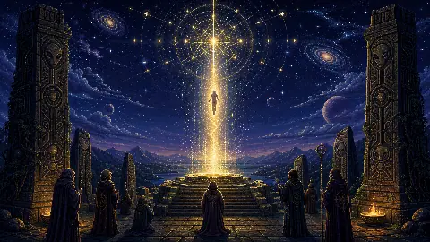 Pixel art ancient temple scene with a human silhouette ascending through cosmic starlight toward alien motifs