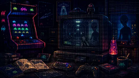 Pixel art gaming room with arcade alien invaders, CRT survival sci-fi scene, controllers, and retro cartridges