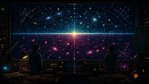 Pixel art cosmology lab showing mirrored matter and antimatter universes expanding from one bright origin
