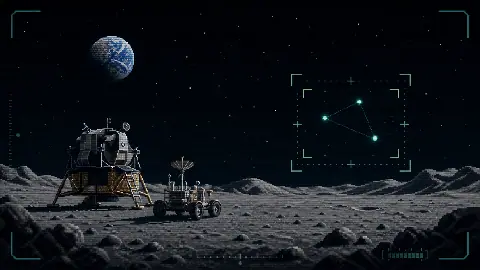 Pixel art lunar case-file scene with an Apollo lander, three green dots in triangular formation, and a yellow target bracket