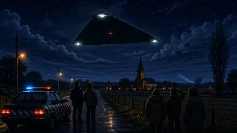 Pixel art Belgian countryside witnesses and police watching a black triangular UFO with three corner lights