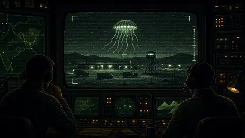 Pixel art military analysis room watching grainy surveillance footage of a jellyfish-shaped UAP