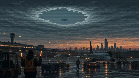 Pixel art Chicago O'Hare tarmac with ground crew watching a disc below a circular hole in the clouds