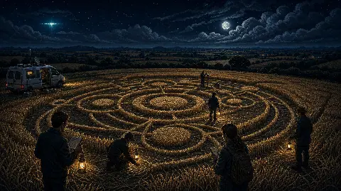 Pixel art wheat field crop circle investigation with geometric pattern, researchers, and distant strange light
