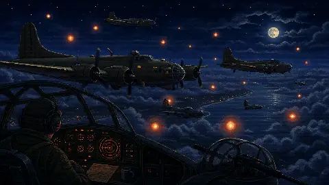 Pixel art World War II aircraft formation surrounded by small glowing foo fighter orbs over moonlit clouds