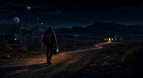 Pixel art investigator leaving a fenced desert research site while a thin anomalous light trail follows toward a distant home
