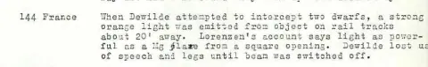 Case 144 France archive excerpt describing two dwarfs, an orange light and temporary loss of speech and movement