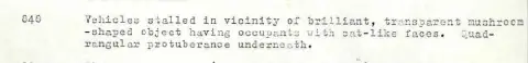 Case 848 archive excerpt describing a transparent mushroom-shaped object and occupants with cat-like faces