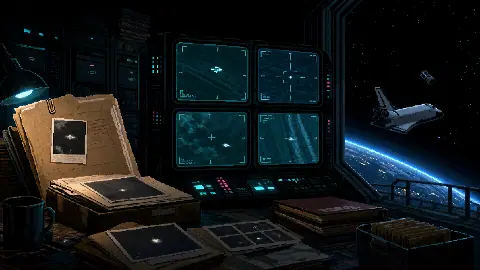 Pixel art archive room with declassified UAP files, military sensor screens, Space Shuttle Columbia and a small orbital object