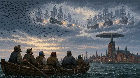 Pixel art reconstruction of six fishermen watching aerial warships and a dark disc over Stralsund in 1665